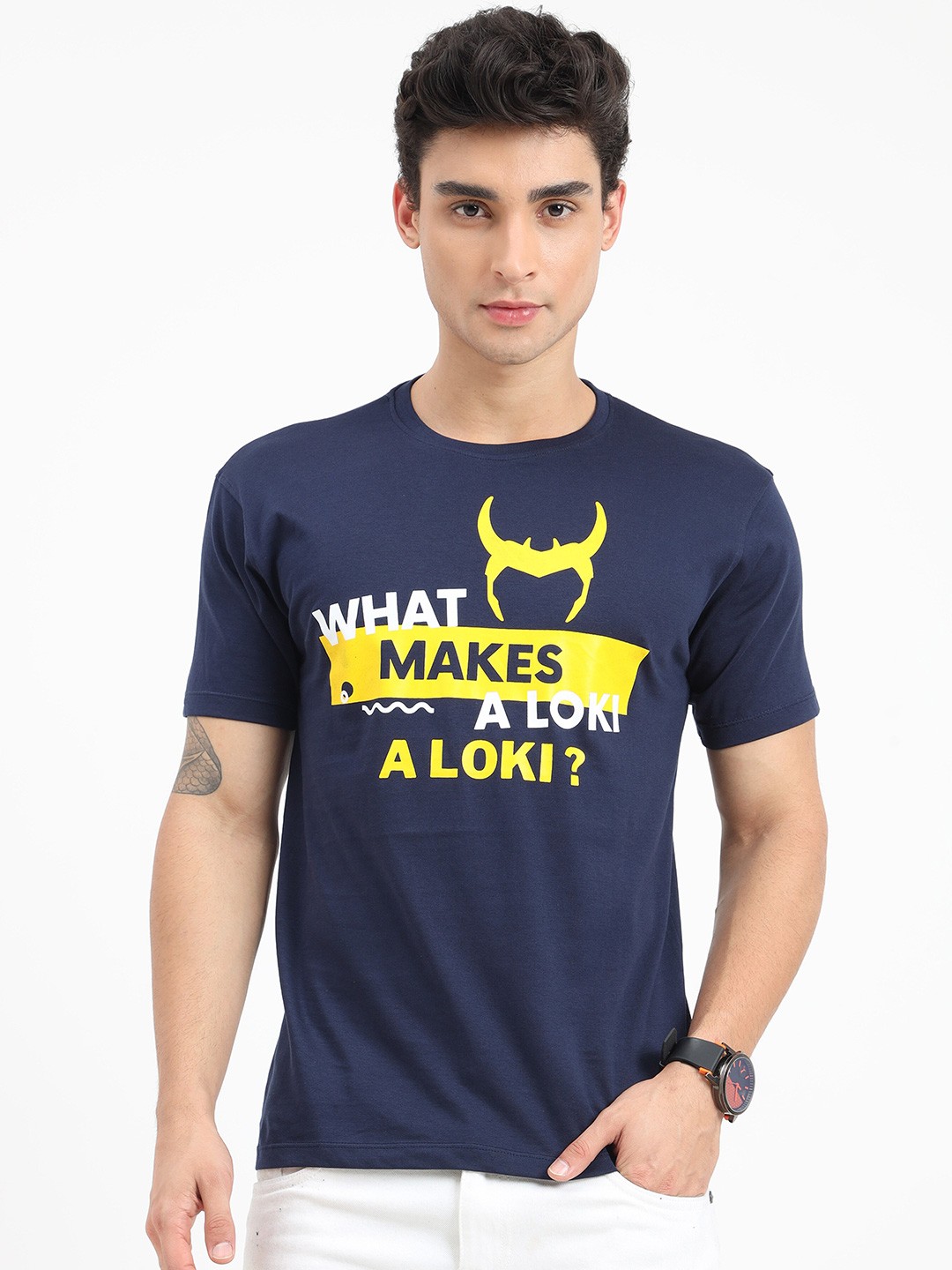 

COOFT Men Blue & Yellow Typography Printed Pure Cotton T-shirt