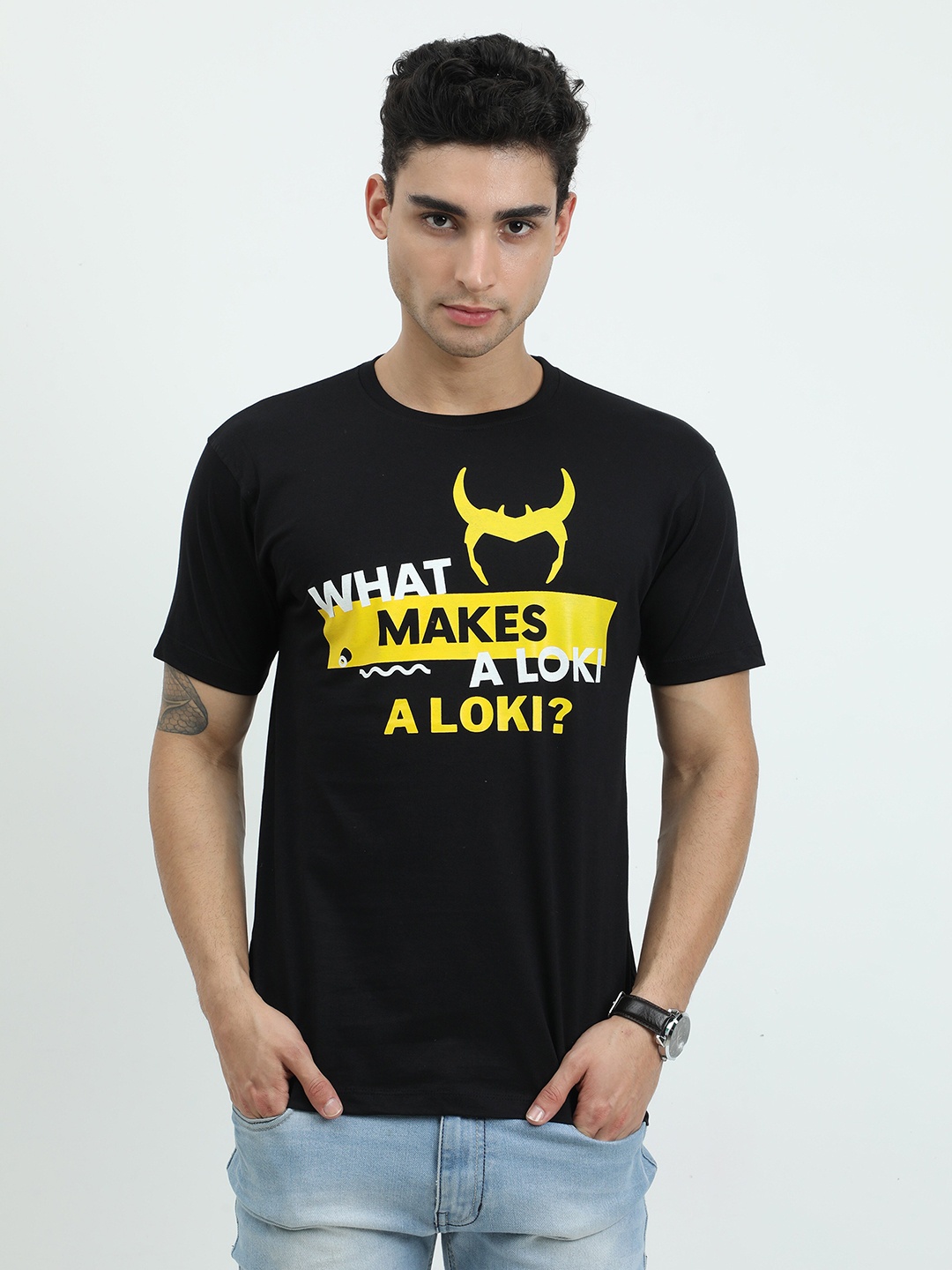

COOFT Men Black Typography Printed Pure Cotton Applique T-shirt
