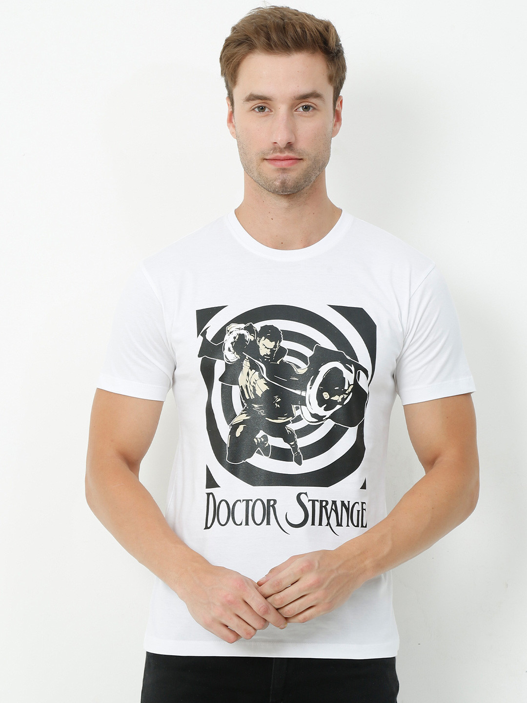 

COOFT Men White & Black Doctor Strange and Marvel Printed Pure Cotton T-shirt