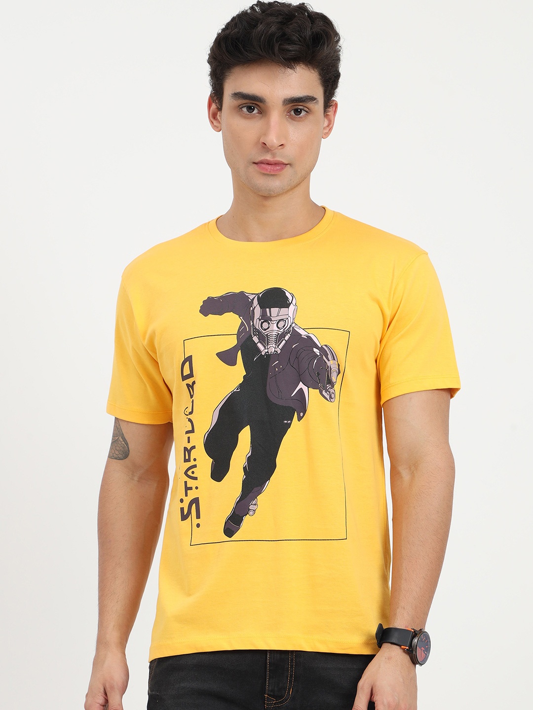 

COOFT Men Yellow Printed Pure Cotton T-shirt