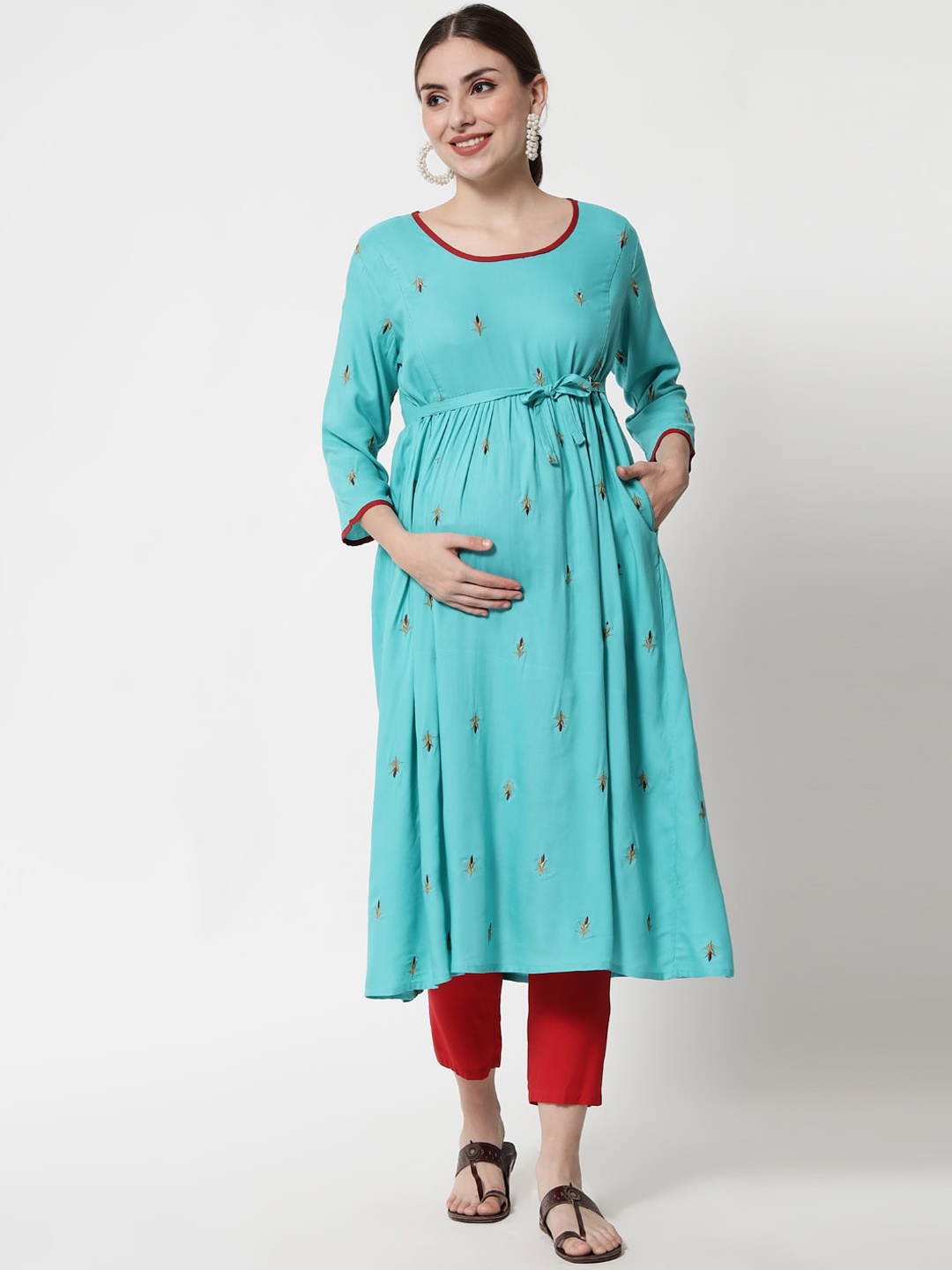 

Aujjessa Women Blue Floral Embroidered Thread Work Maternity Anarkali Kurta