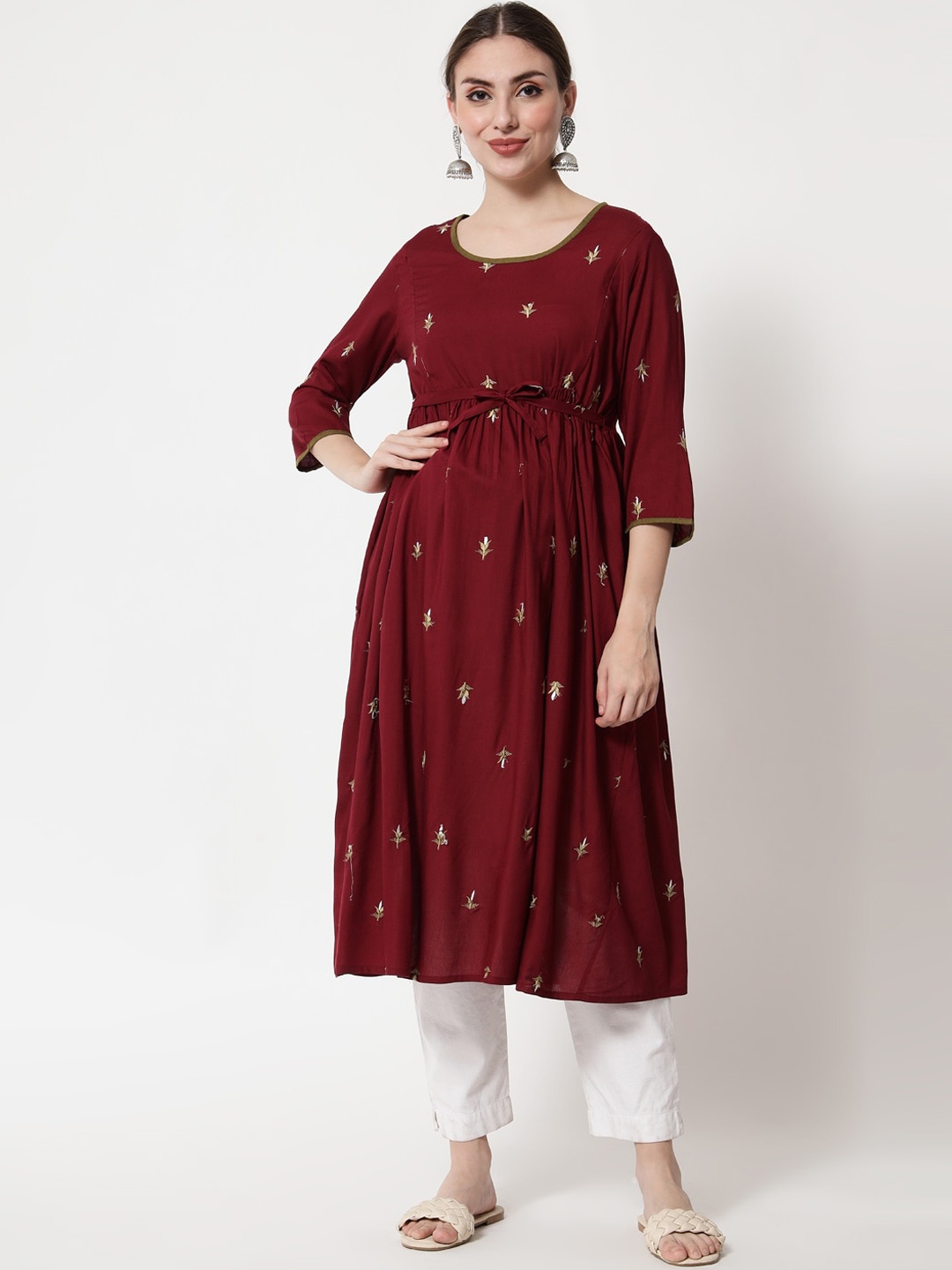 

Aujjessa Women Maroon Floral Embroidered Maternity Anarkali Kurta