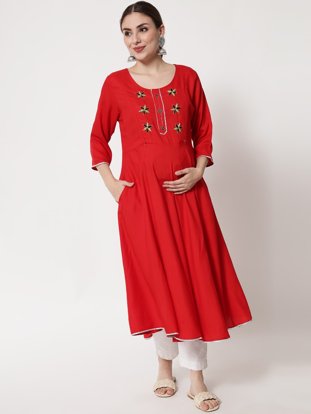 

Aujjessa Women Maternity Red Thread Work Anarkali Kurta