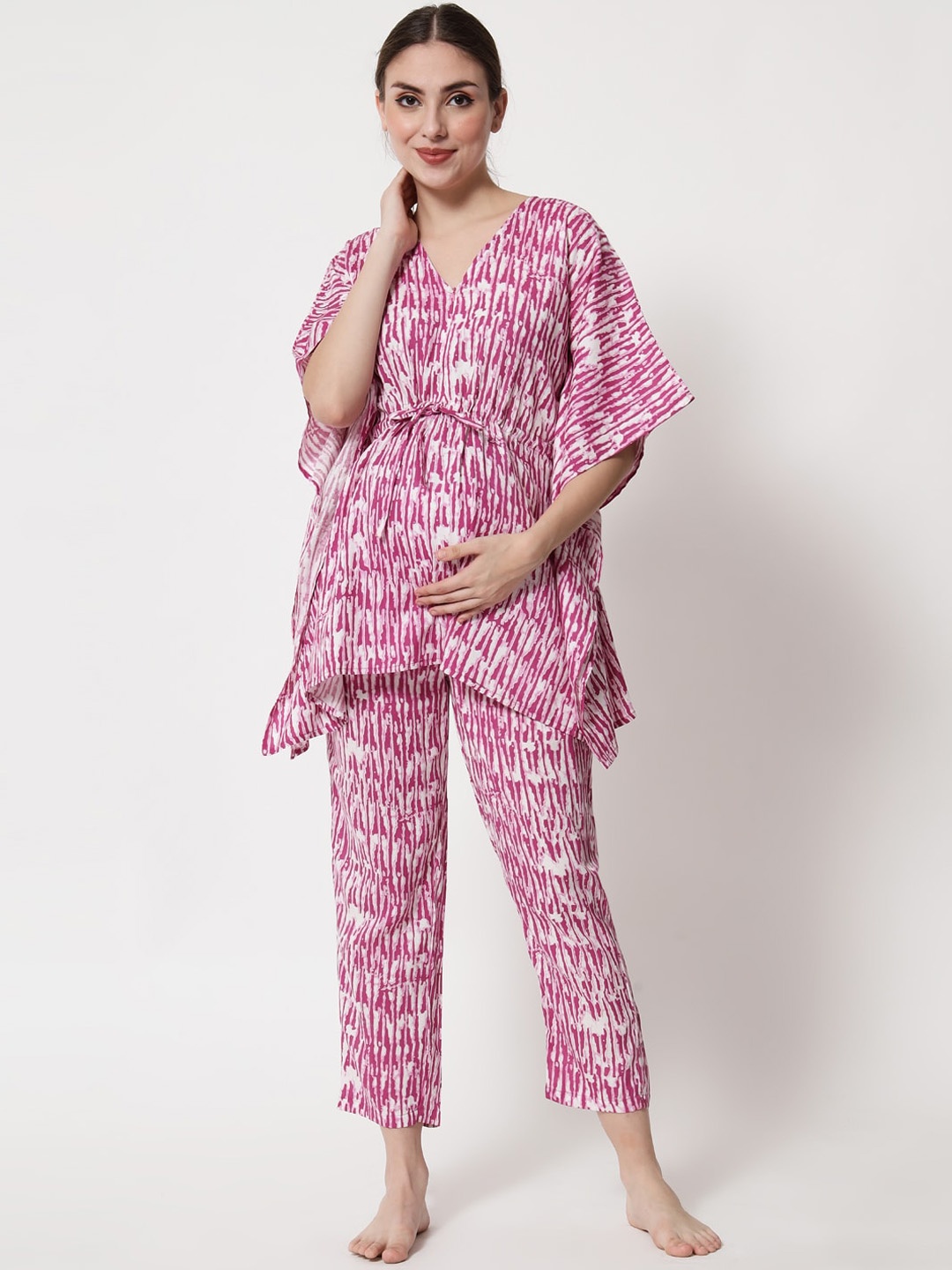 

Aujjessa Women White & Magenta Printed Cotton Blend Maternity Kaftan Night suit