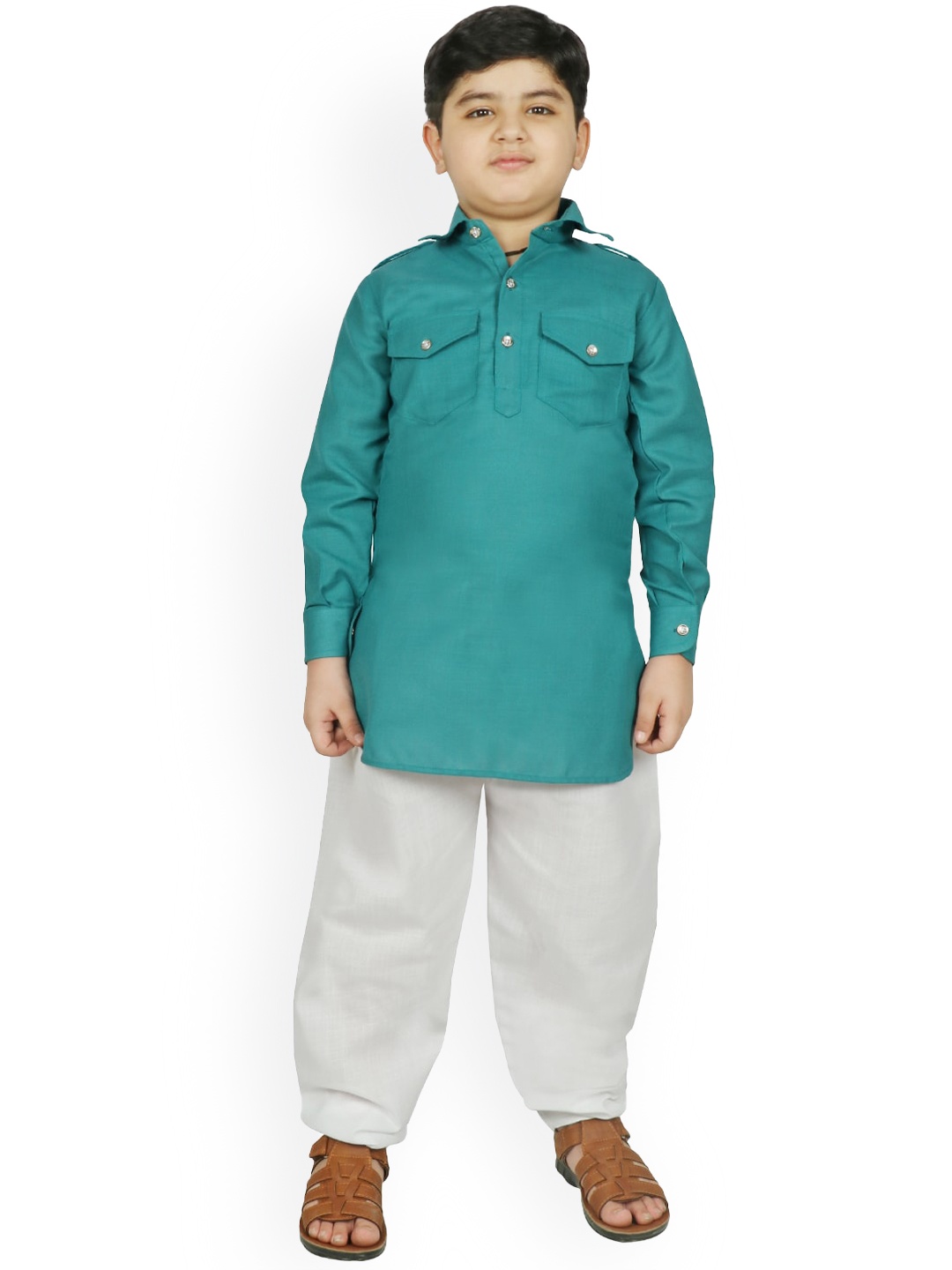 

SG YUVRAJ Boys Sea Green Raw Silk Kurta with Salwar