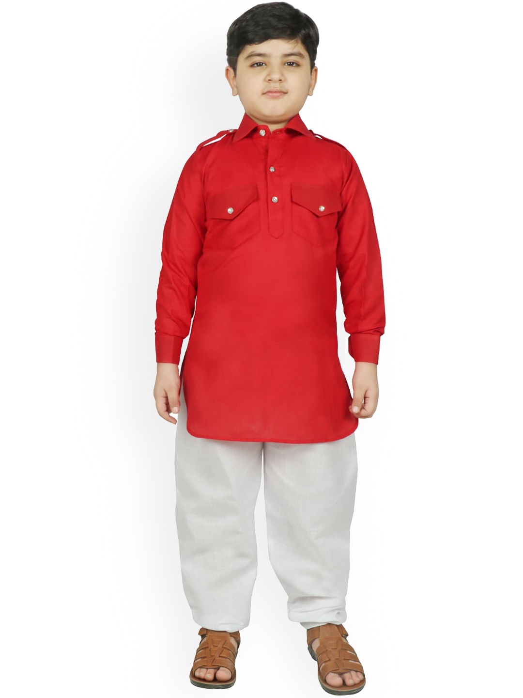 

SG YUVRAJ Boys Red Raw Silk Kurta with Salwar