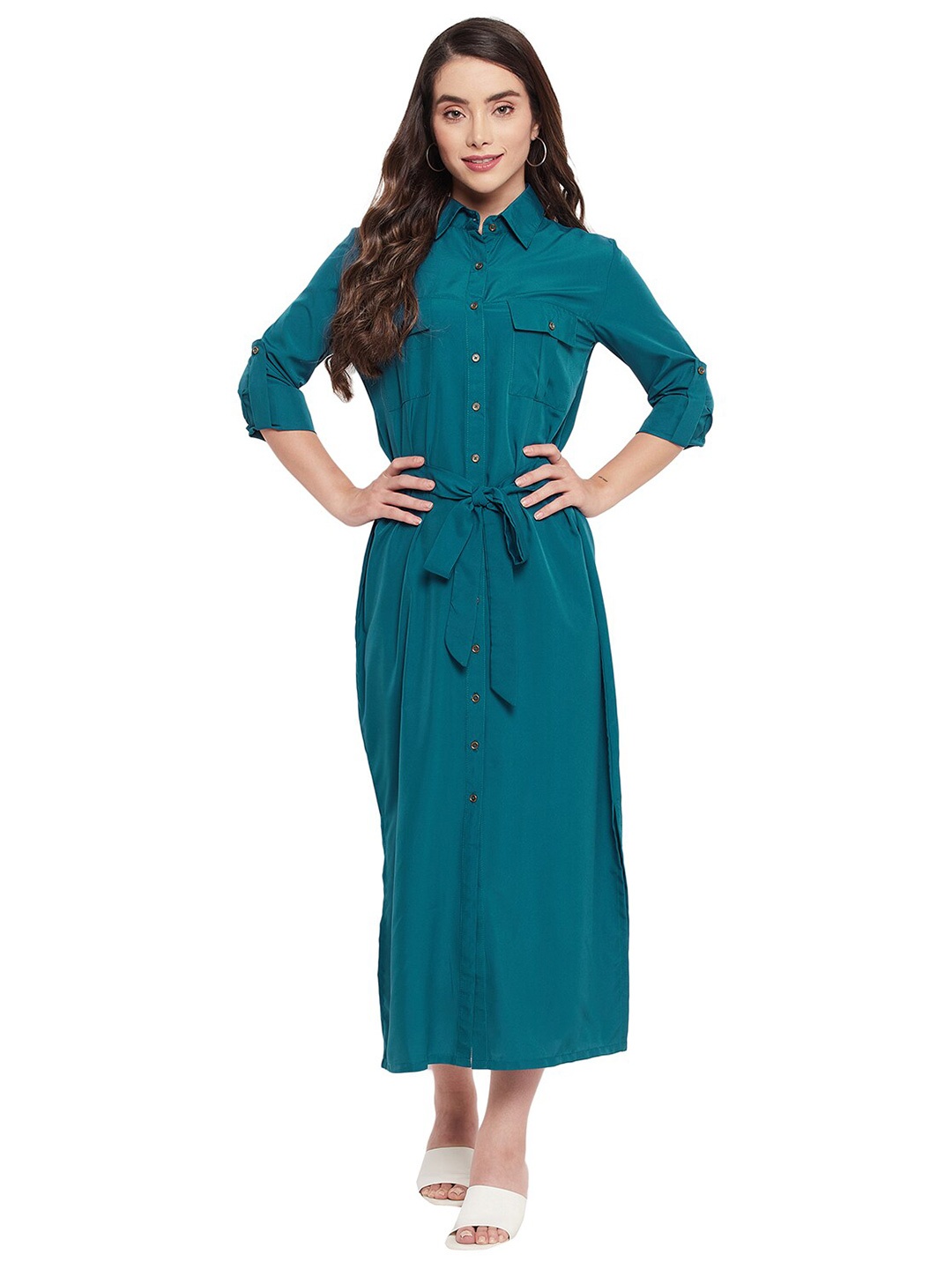 

Color Cocktail Women Teal Crepe Shirt Maxi Dress