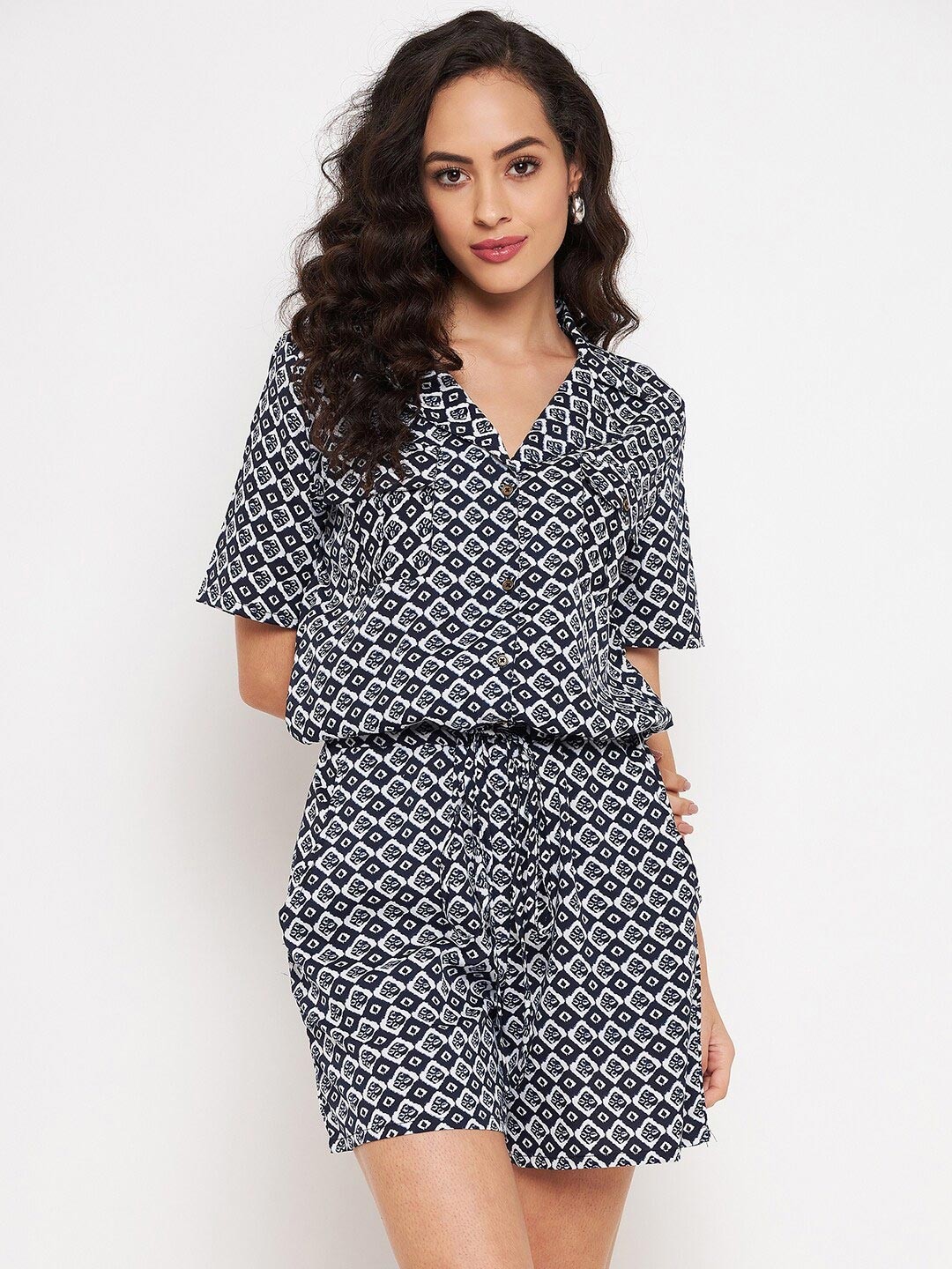 

Color Cocktail Navy Blue & White Printed Jumpsuit
