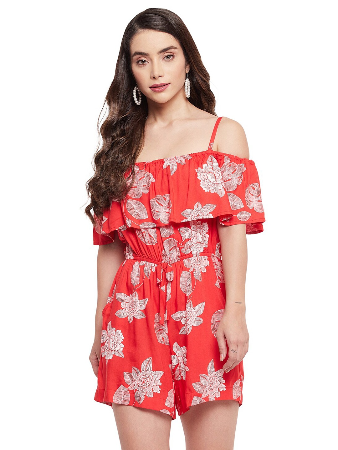 

Color Cocktail Red & White Printed Floral Off Shoulder Jumpsuit