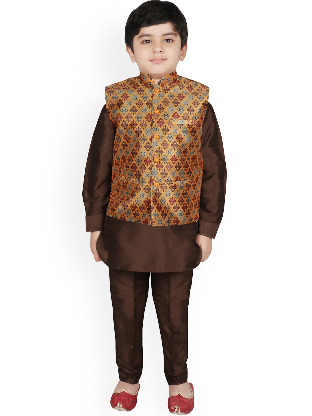 

SG YUVRAJ Boys Brown Layered Raw Silk Kurti with Pyjamas