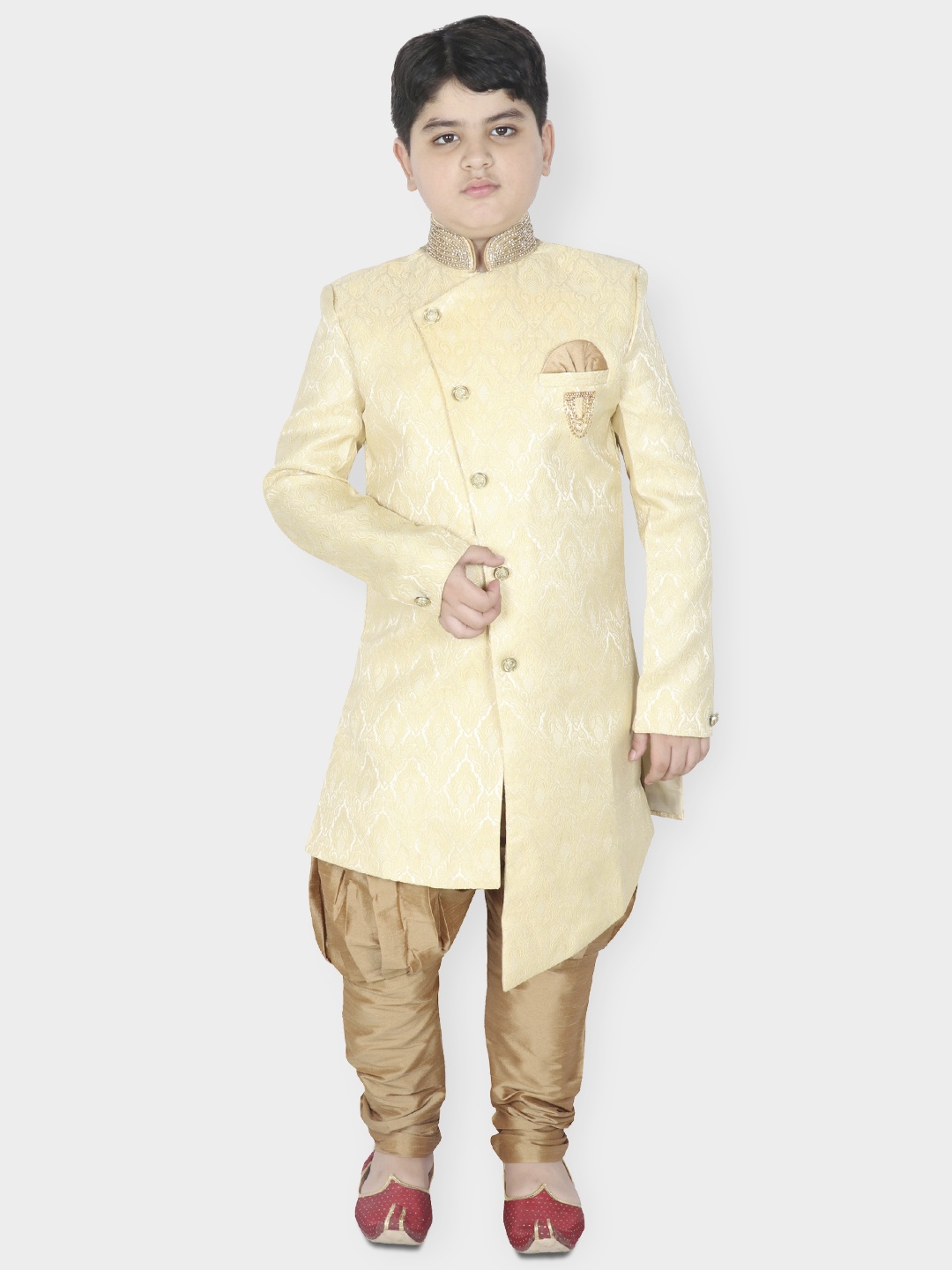 

SG YUVRAJ Boys Beige Woven Design Sherwani With Dhoti Pants