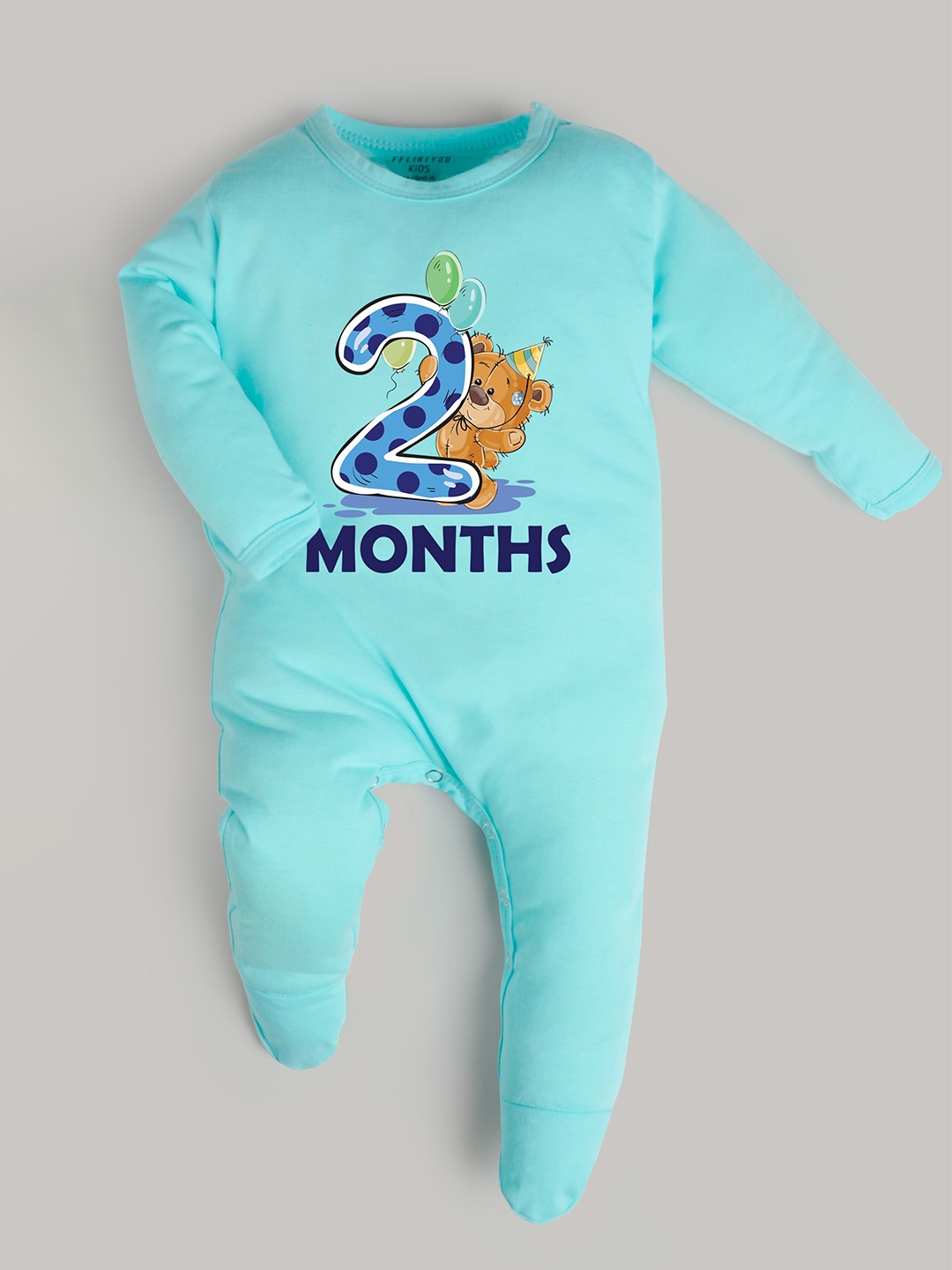 

FFLIRTYGO Infants 2 Months Milestone Printed Pure Cotton Sleepsuit, Turquoise blue