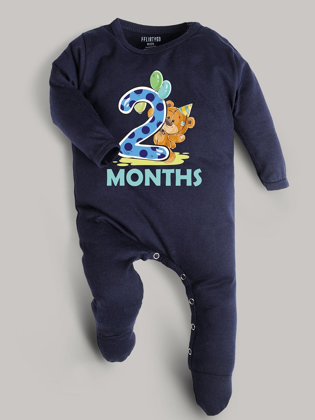 

FFLIRTYGO Infants 2 Months Milestone Printed Pure Cotton Sleepsuit, Navy blue