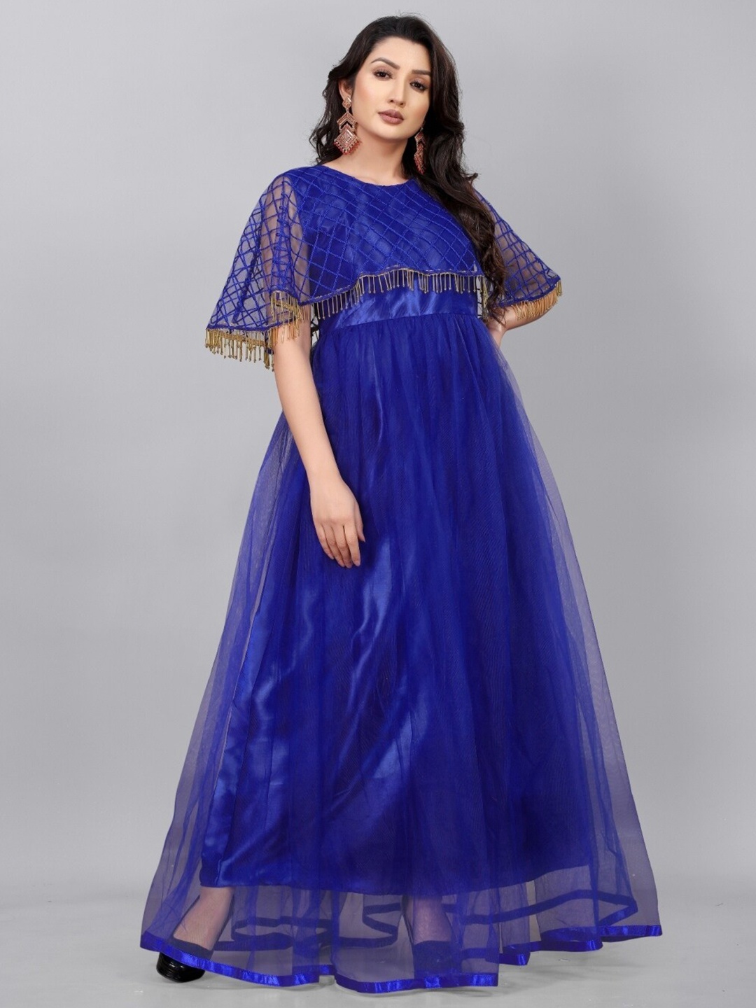 

APNISHA Women Blue Net Embroidered And Embellished Semi-Stitched Gown