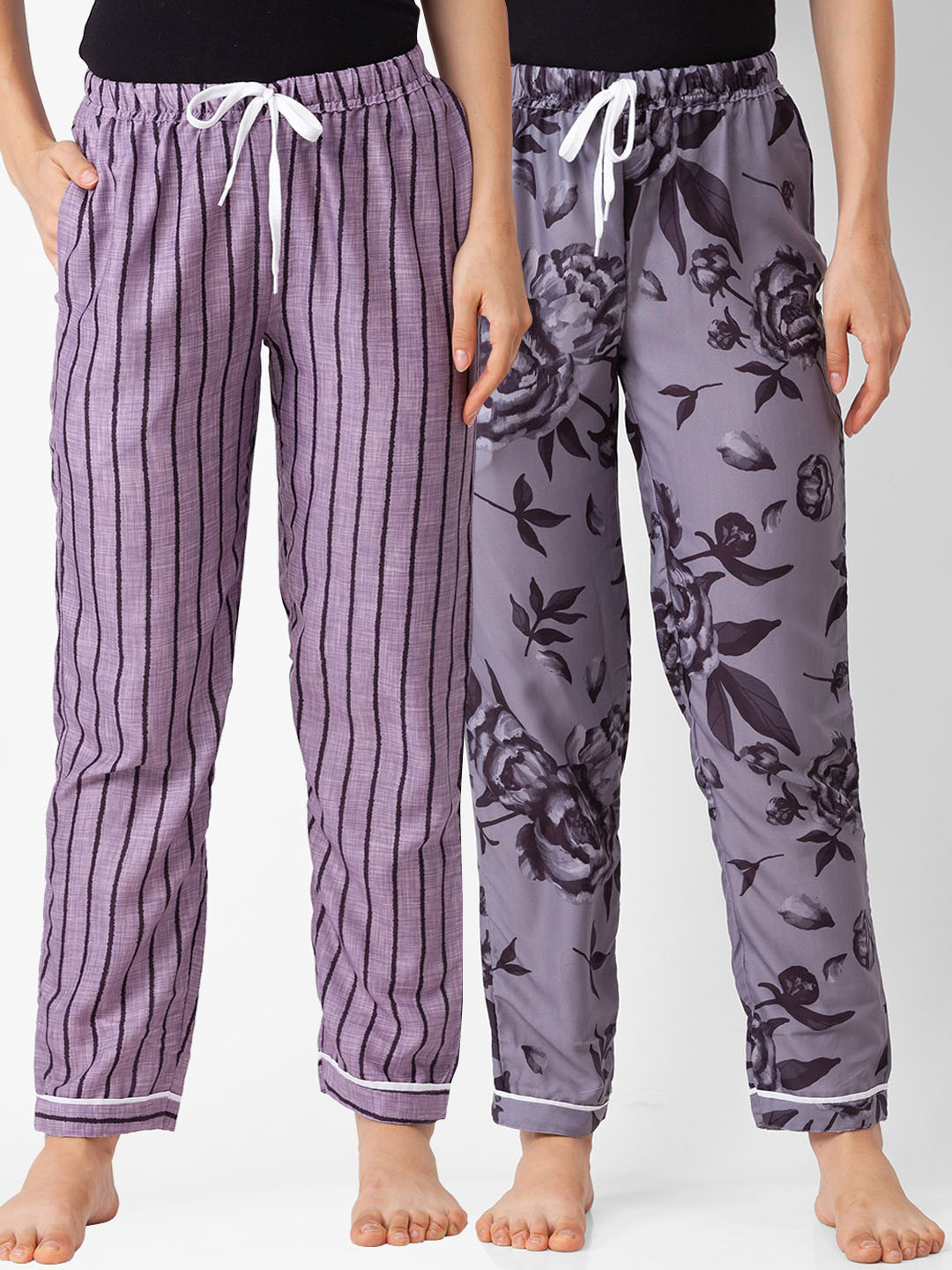 

FashionRack Pack of 2 Black & Grey Printed Cotton Lounge Pants