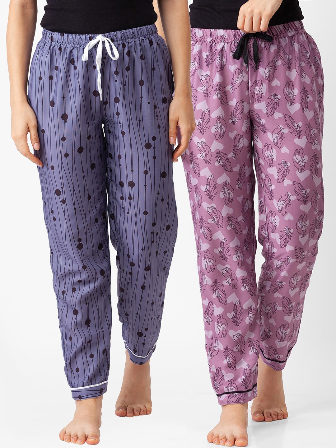 

FashionRack Women Set of 2 Blue & Pink Printed Cotton Lounge Pants