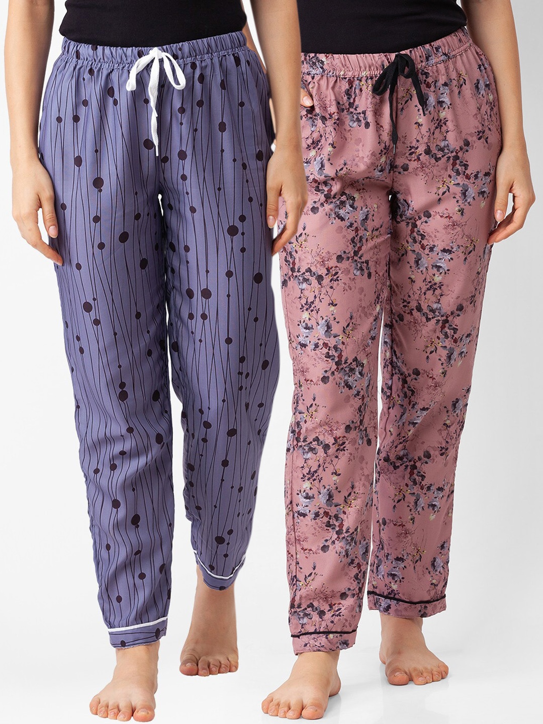 

FashionRack Pack Of 2 Women Purple & BrowmPrinted Cotton Lounge Pants