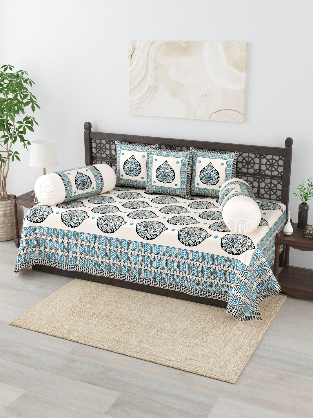 

Salona Bichona 6-Pieces Beige & Blue Printed 120 TC Pure Cotton Diwan Set