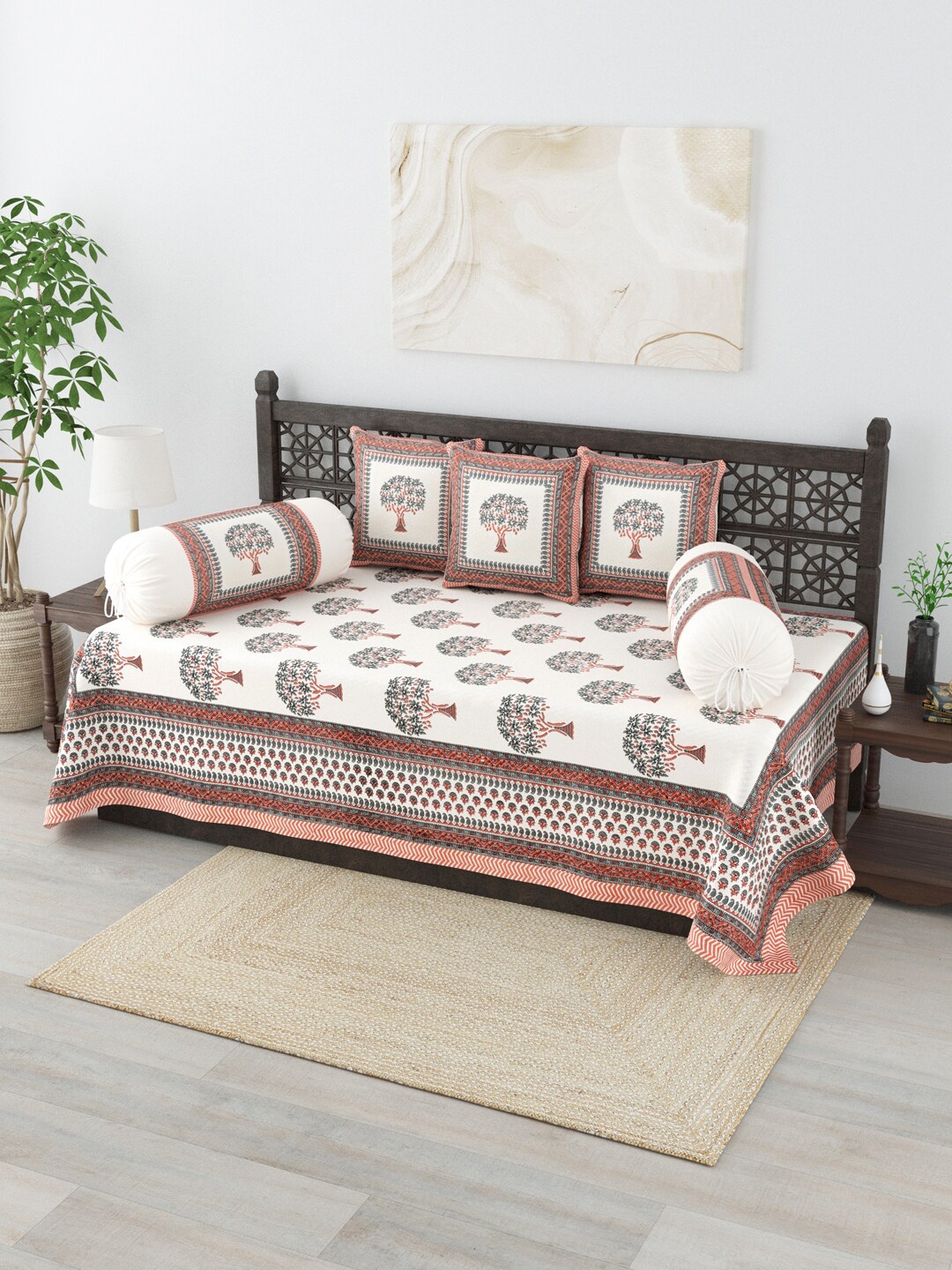 

Salona Bichona Pack of 6-Pieces White & Orange Printed 120 TC Pure Cotton Diwan Set