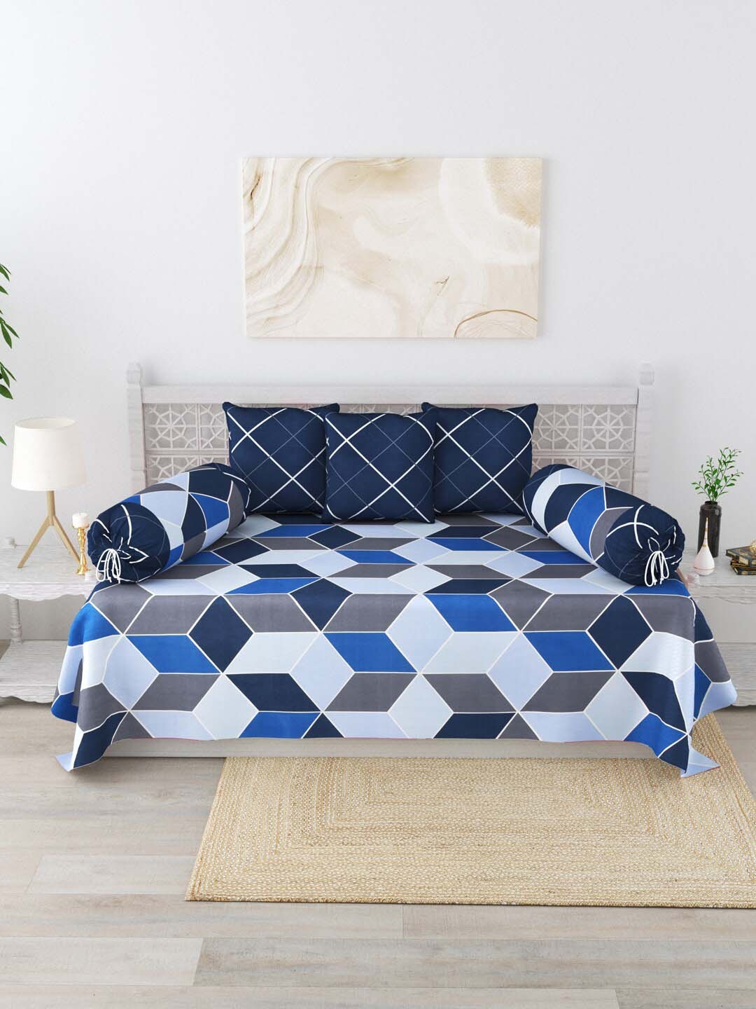

Salona Bichona Set of 6 Blue & Grey Printed 144 TC Diwan Set