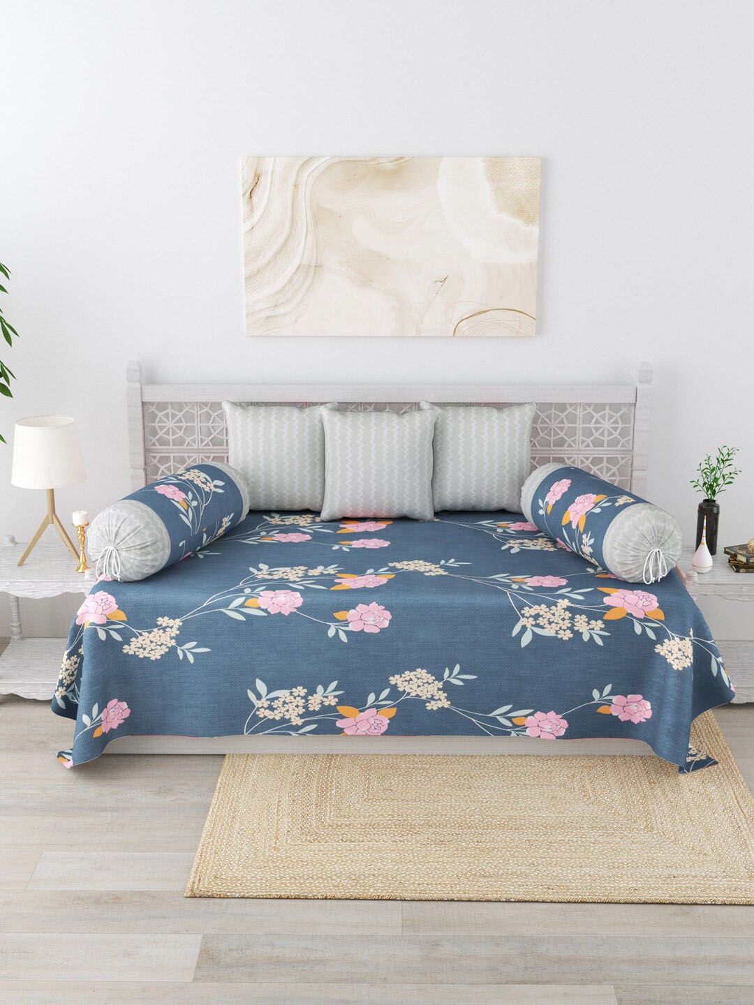 

Salona Bichona Set of 6 Blue & Pink Printed 144 TC Diwan Set
