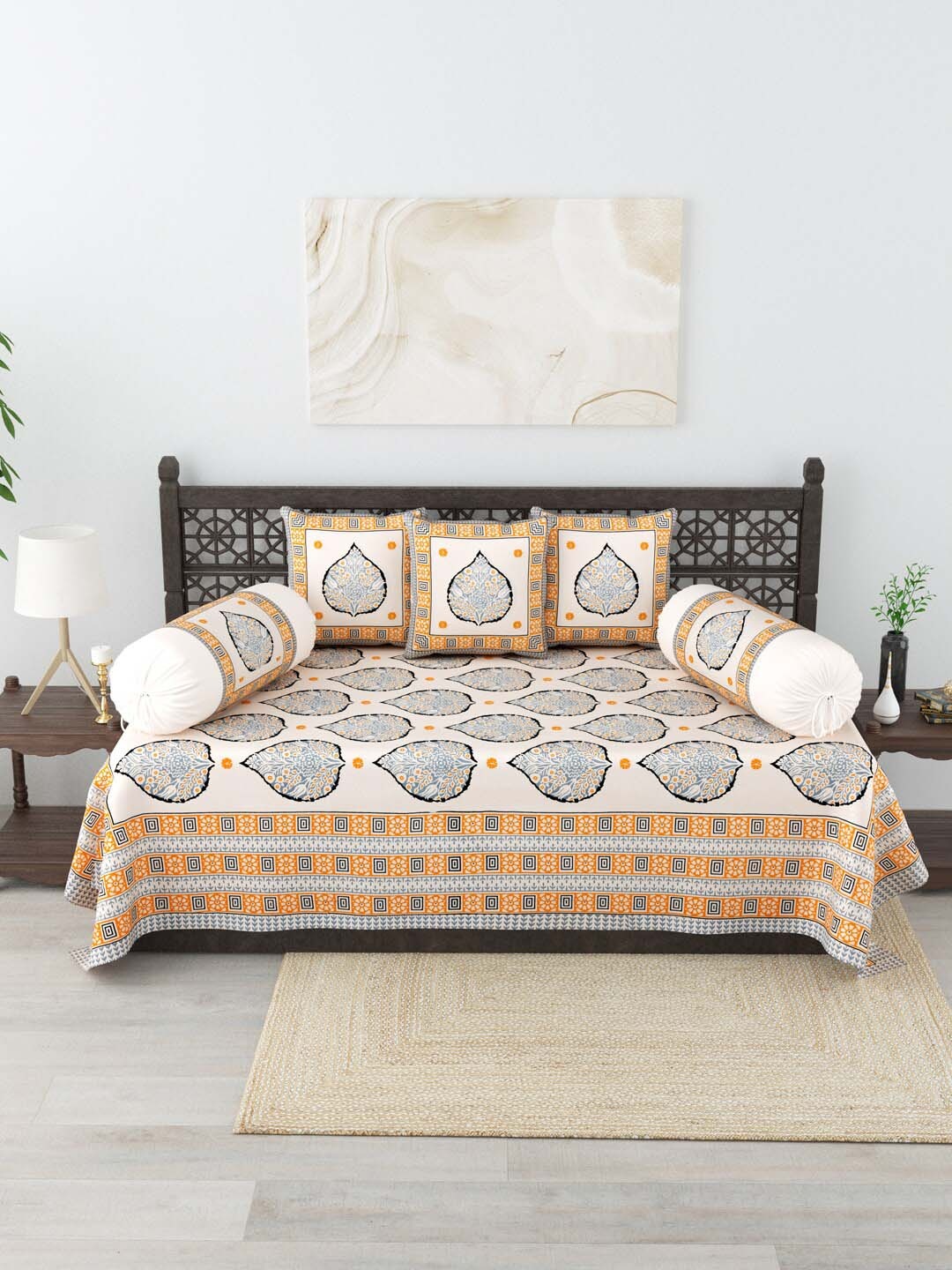 

Salona Bichona Set of 6 Printed Diwan Set, Mustard