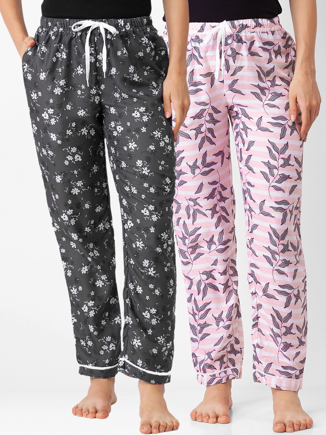 

FashionRack Women Set of 2 Pink & Black Floral Printed Cotton Lounge Pants