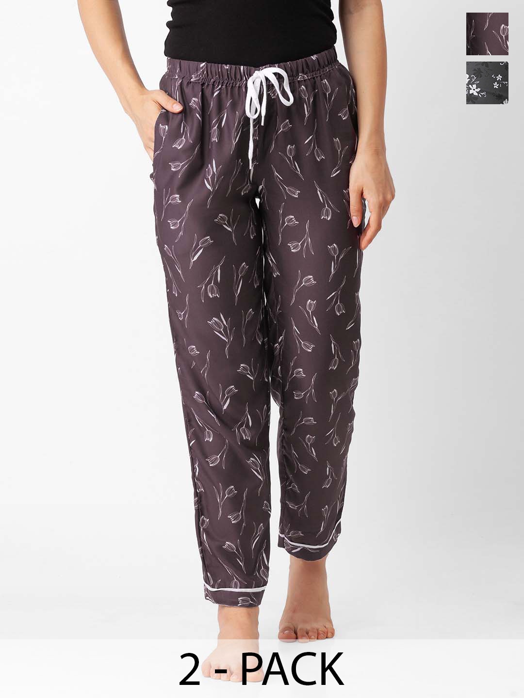 

FashionRack Women Pack of 2 Grey & Brown Printed Cotton Lounge Pants