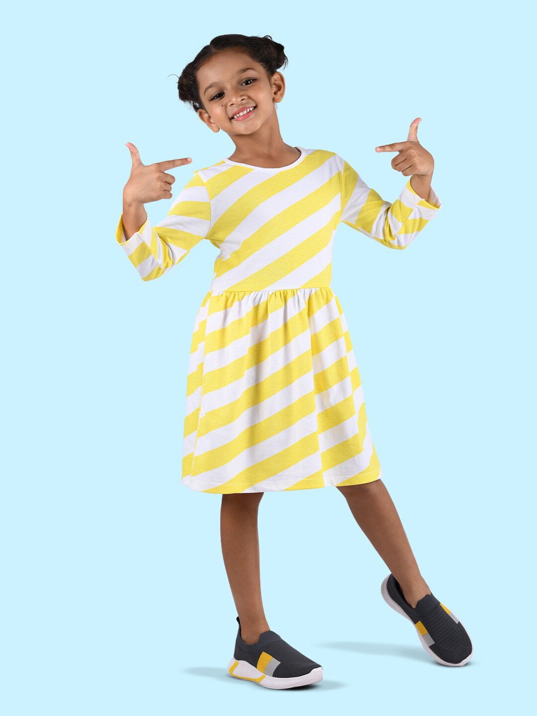 

Zalio Girls Yellow & White Striped Cotton Round Neck Dress
