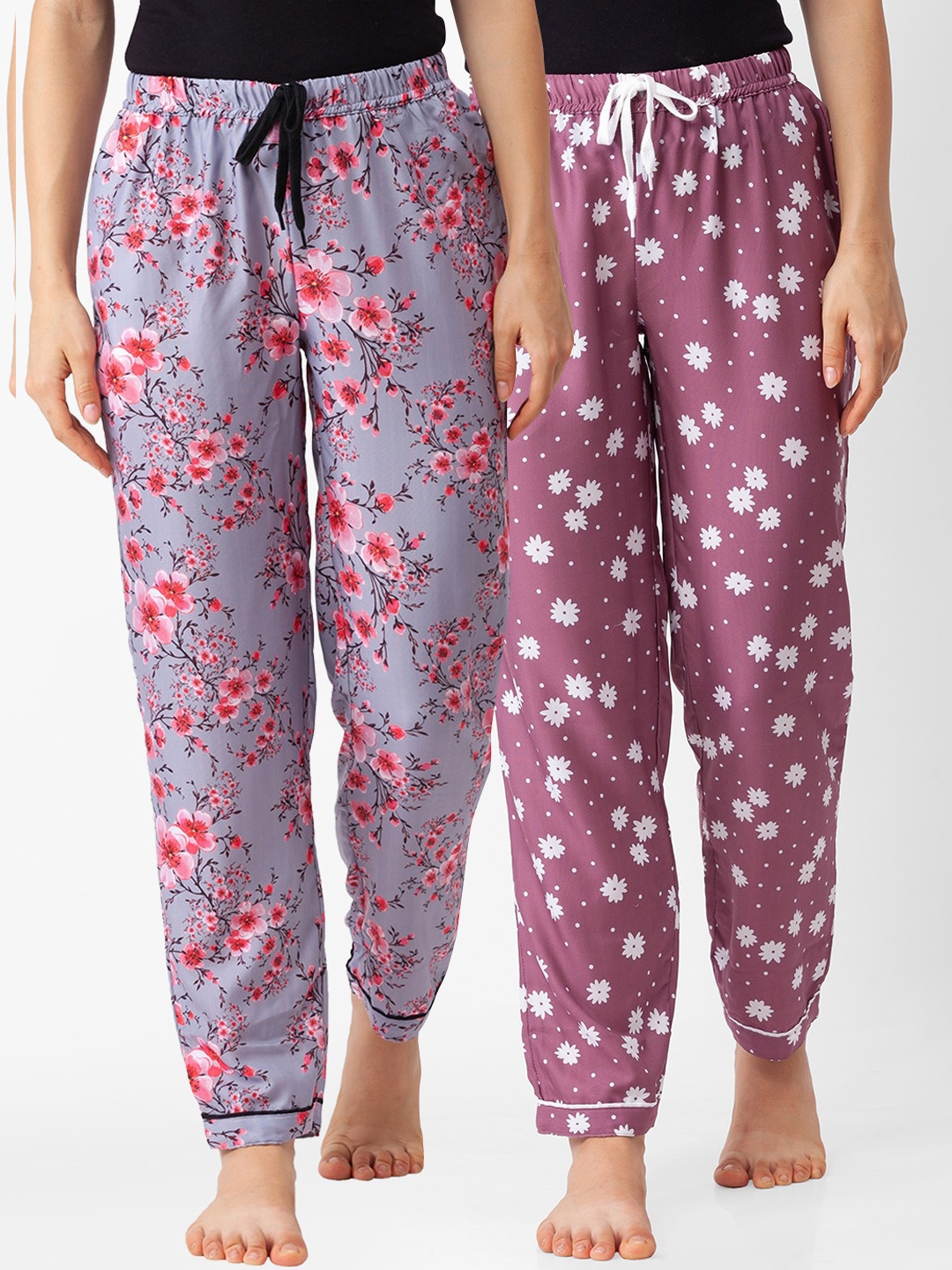 

FashionRack Pack Of 2 Women Grey & Pink Printed Cotton Lounge Pants