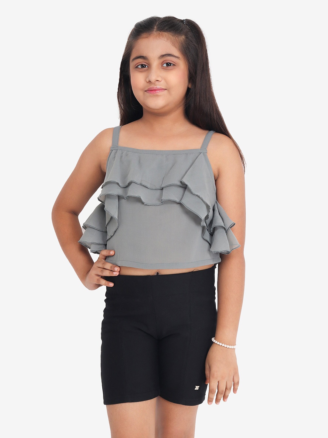 

YK Girls Grey Georgette Ruffled Crop Top