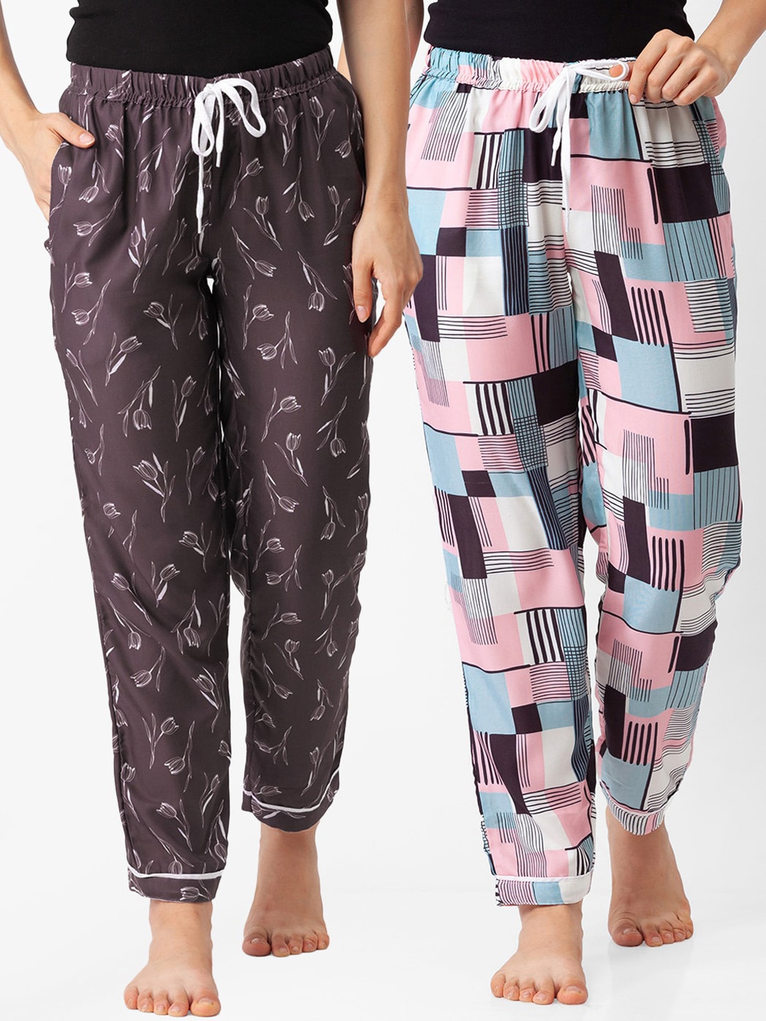 

FashionRack Women Pack of 2 Grey & White Printed Cotton Lounge Pants