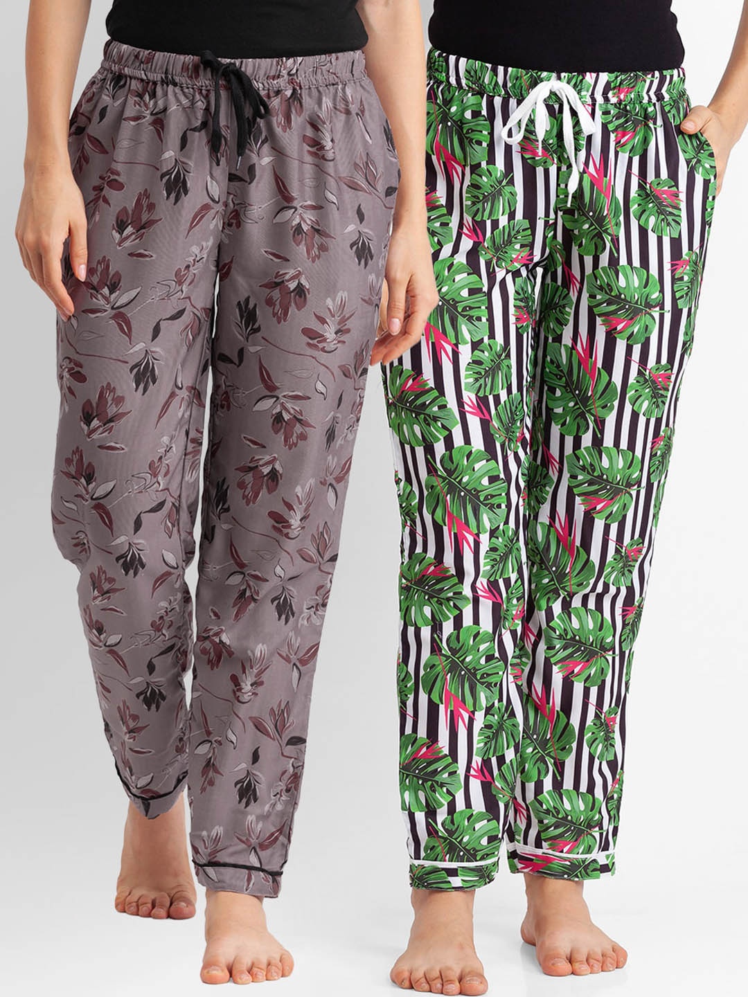 

FashionRack Women Set of 2 Black & Green Printed Cotton Lounge Pants, Grey