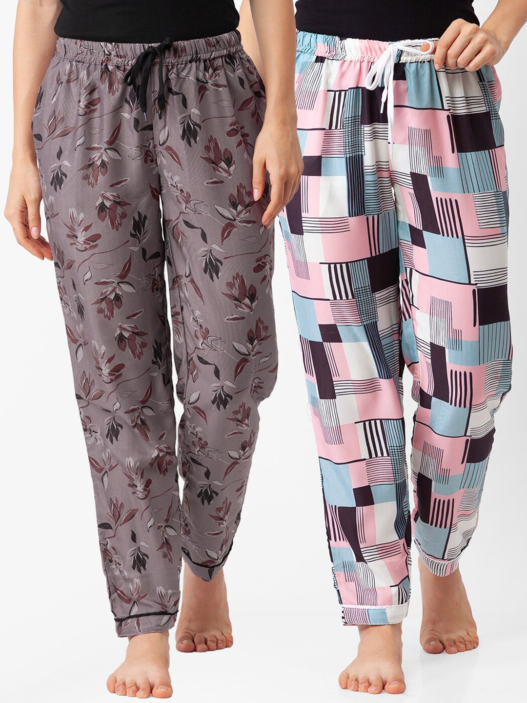 

FashionRack Women Pack Of 2 Brown & Blue Printed Cotton Lounge Pants