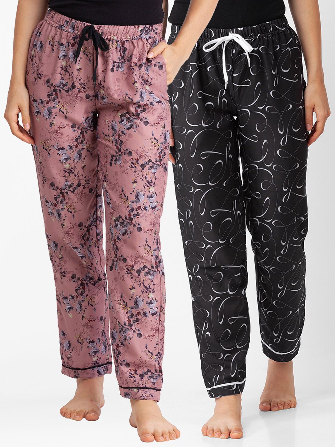 

FashionRack Women Pack Of 2 Pink & Black Printed Cotton Lounge Pants