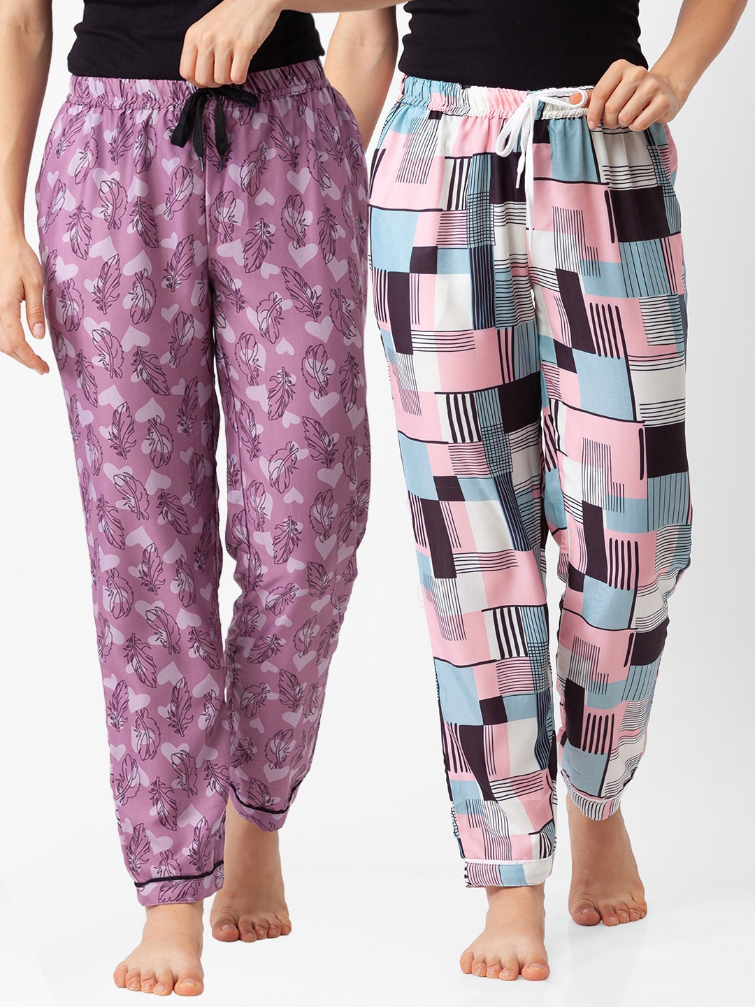 

FashionRack Pack Of 2 Women Pink & Blue Printed Cotton Lounge Pants