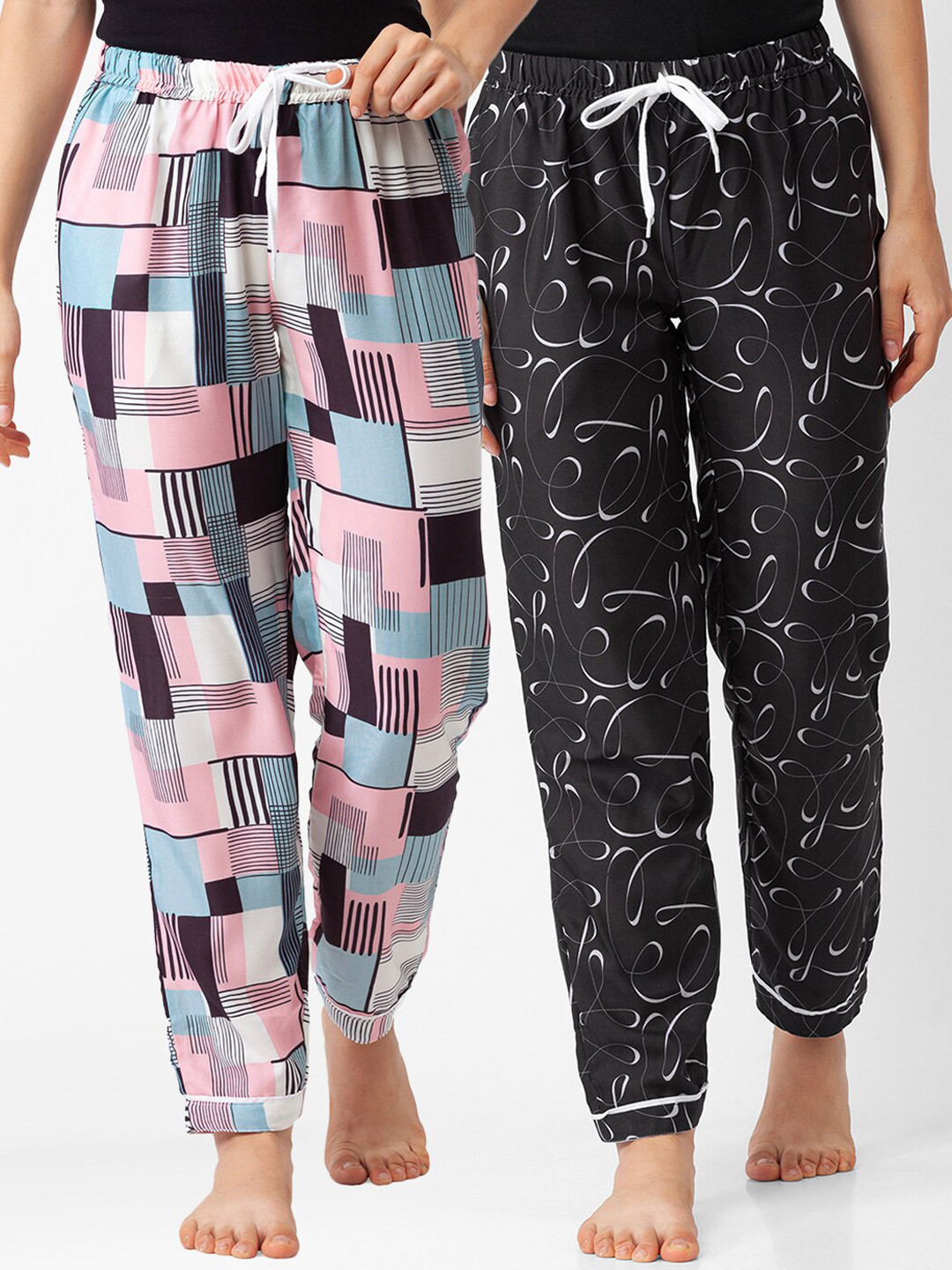 

FashionRack Women Pack Of 2 Pink & Black Printed Cotton Lounge Pants