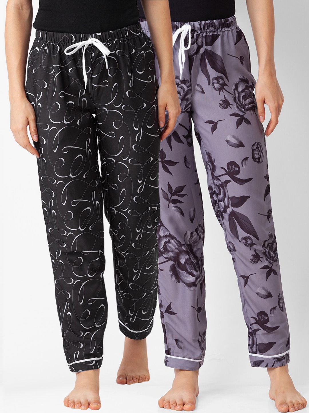 

FashionRack Pack of 2 Women Black & Grey Printed Lounge Pants