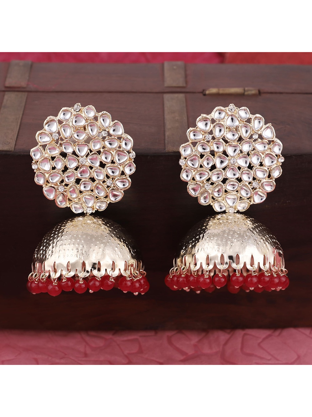 

ZaffreCollections Red & Gold Plated Contemporary Jhumkas Earrings