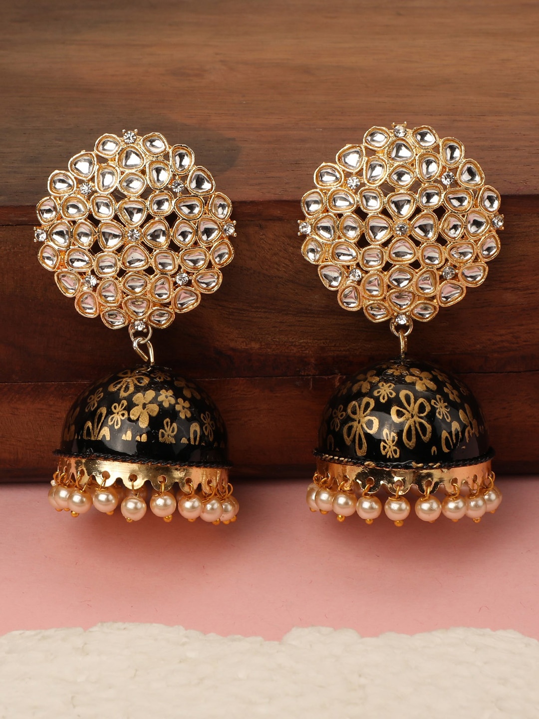 

ZaffreCollections Women Black & White Contemporary Kundan Stone Jhumkas Earrings