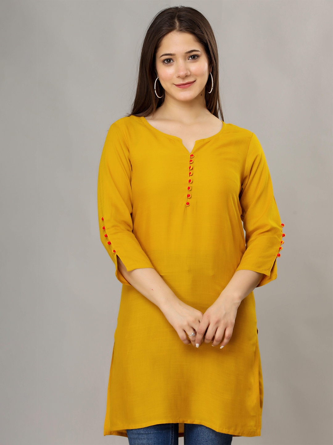 

Fab Star Women Yellow Roll-Up Sleeves Longline Top