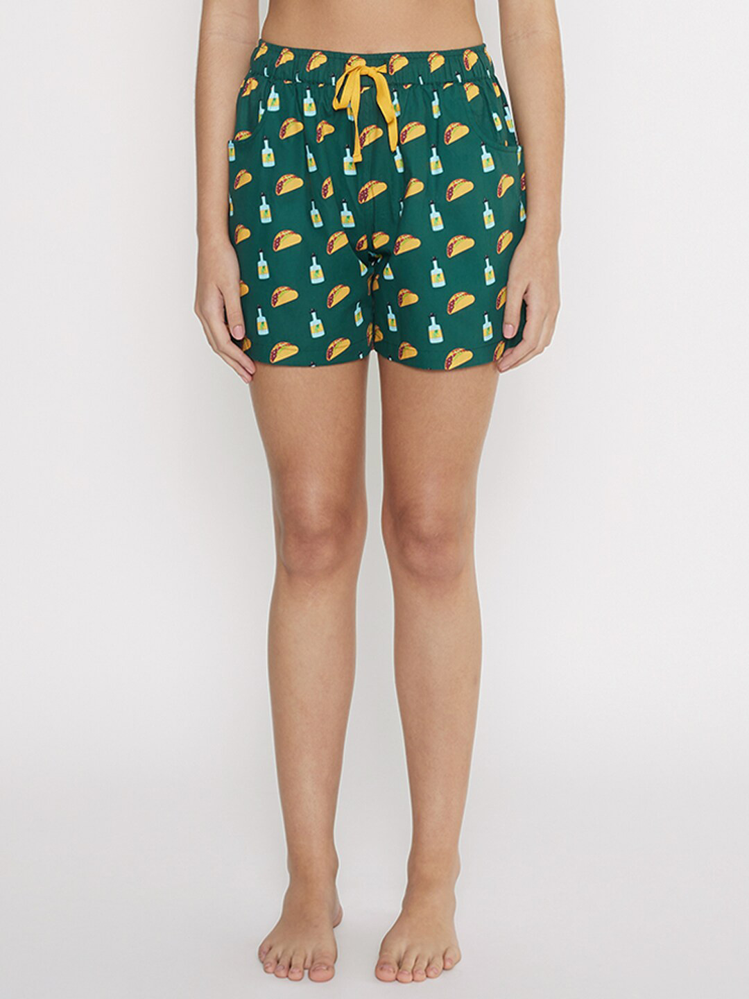 

Smugglerz Women Green & Yellow Printed Cotton Lounge Shorts
