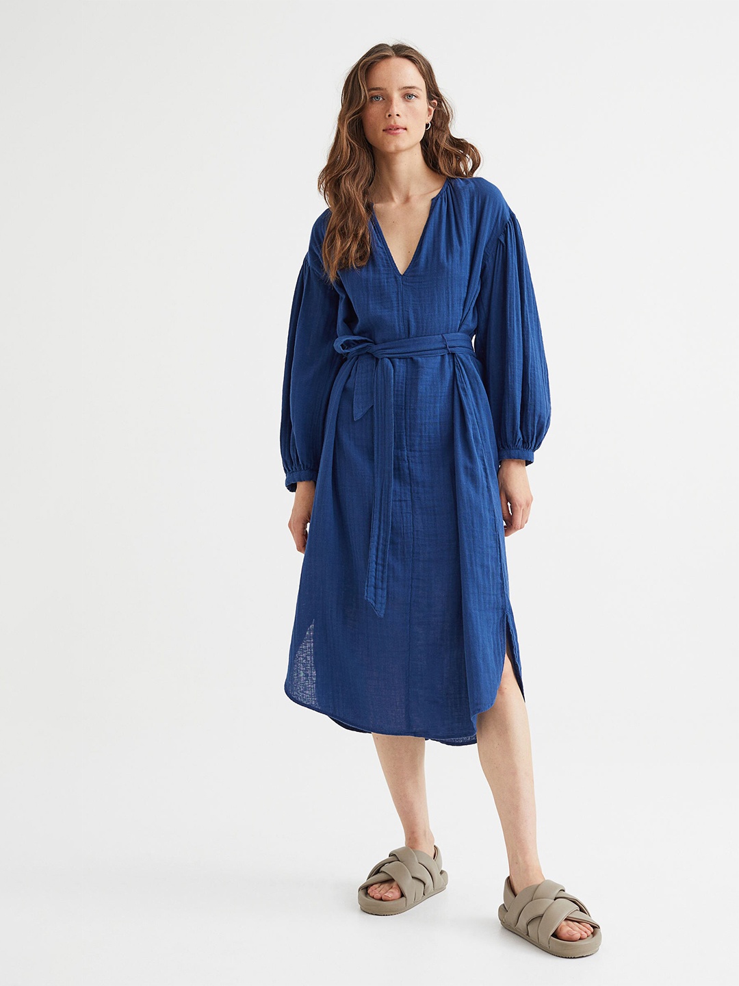 

H&M Women Navy Blue Tie-Belt Cotton Dress