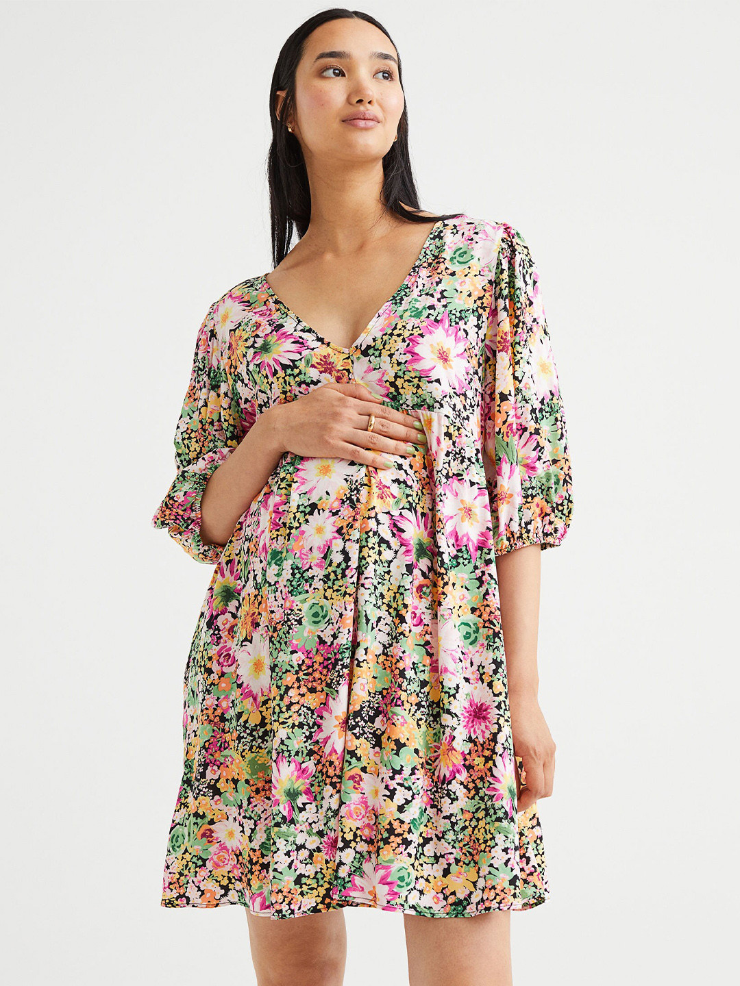 

H&M MAMA Multicoloured Balloon-Sleeved Patterned Dress, Multi
