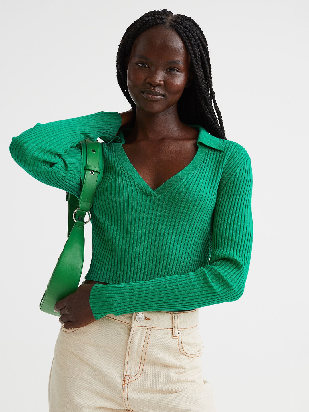 

H&M Green Collared Rib-Knit Top