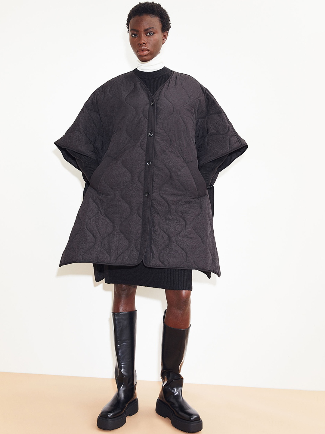 

H&M Women Black Solid Quilted Cape Jacket