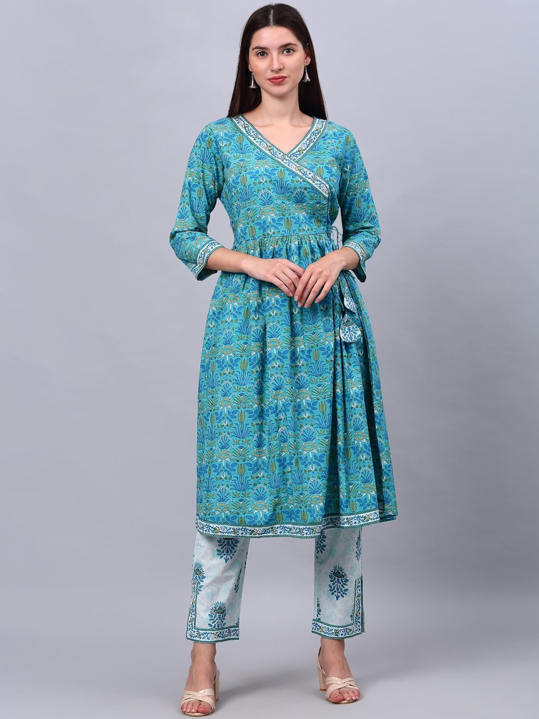 

KALINI Women Turquoise Blue Floral Angrakha Pure Cotton Kurti With Trousers