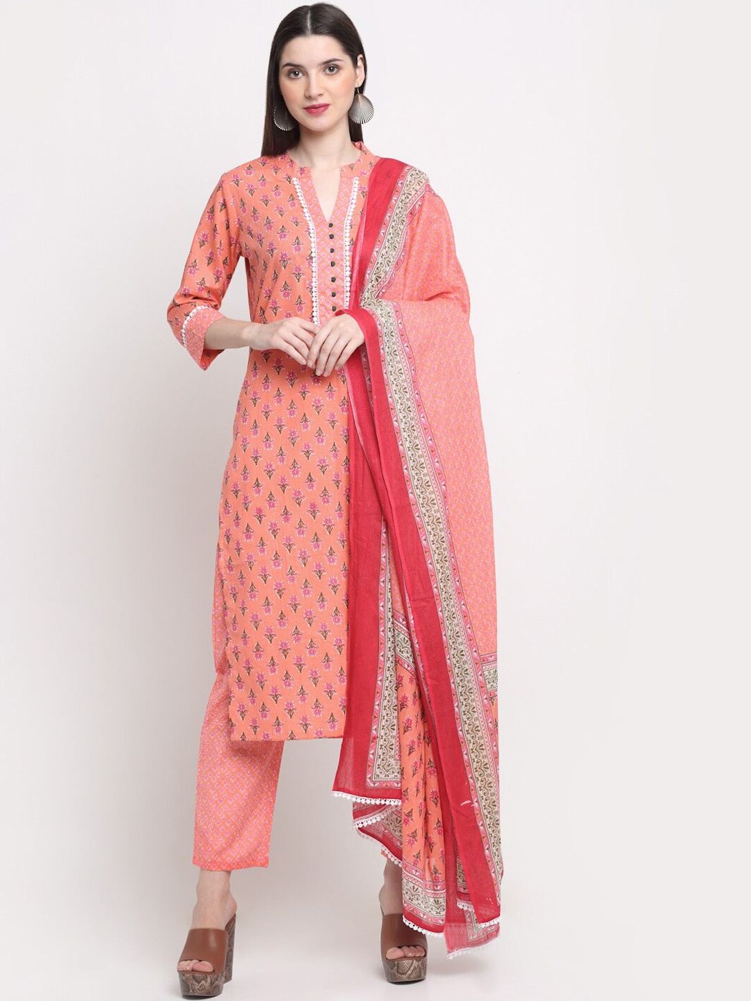 

KALINI Women Peach-Coloured Ethnic Motifs Printed Pure Cotton Kurta with Trousers & With Dupatta