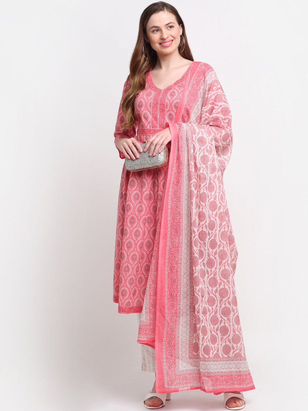 

KALINI Women Peach & Off-White Floral Printed Pure Cotton Kurta with Palazzos & Dupatta