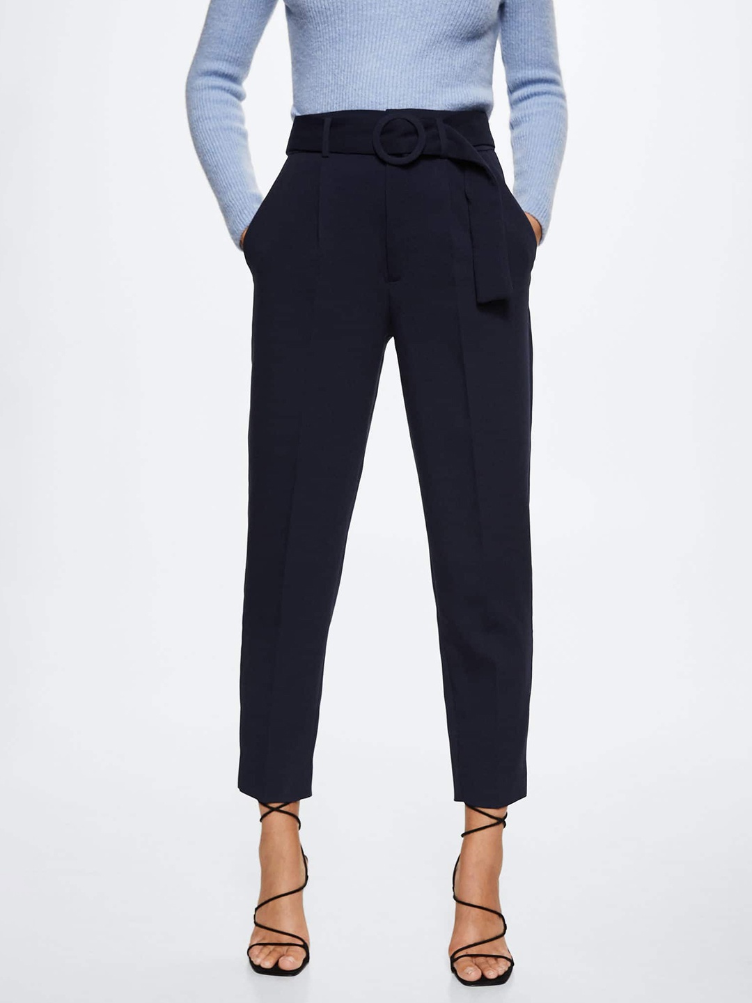 

MANGO Women Navy Blue Solid Regular Trousers